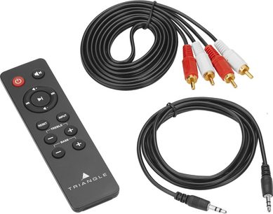 Sort fjernbetjening, røde og hvide RCA-kabler, sort 3,5 mm jackstik, trådløs tilsluttet Triangle SENSA SN01A højttaler i sort askebrun