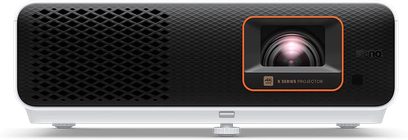 Benq X500i zwarte videoprojector, voorkant, centrale oranje lens, honingraatrooster, witte voet