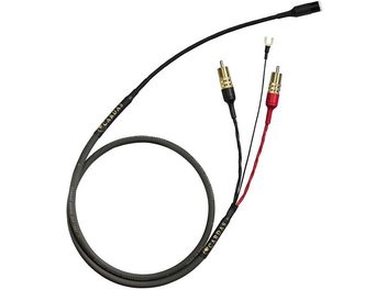 Cardas Iridium Phono 1,25m fono kabelis DIN, skats no augšas, zelta RCA savienotāji, melns un pelēks apvalks, zelta teksts