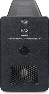 NAD CI 720 V2 siyah stereo hi-fi amplifikatör, ön görünüm, dokulu siyah ızgara, NAD logosu, ön panelde düğme ve jack girişi