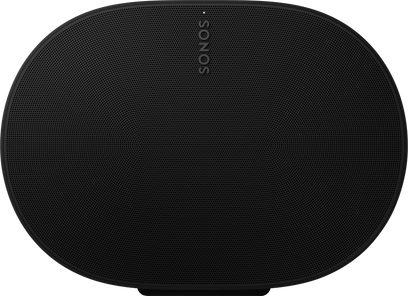 Kabellose, vernetzte Sonos Era 300 Lautsprecherbox in mattschwarz, Frontansicht, ovale Form, perforiertes schwarzes Gitter, Sonos-Logo in der Mitte
