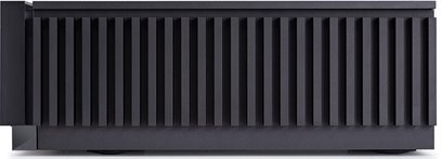 Naim Audio Uniti Atom HDMI sort hi-fi stereforstærker, frontpanel med lodret metalrist og central LED-skærm