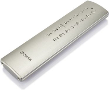 Børstet aluminiums CD-afspiller Jolida JD100 MKII, set oppefra, front til højre med knapper og digitalt display