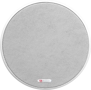 Rund indbygningsvenlig højttaler Boston Acoustics HSi460T2, med perforeret hvid metalrist, set forfra