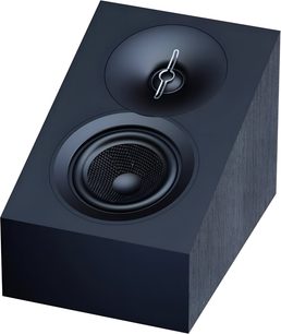 Højttaler med Dolby Atmos Elac Debut 3.0 DA43 i sort, trækasse, skråtstillet front, synlige tweeter og woofer, trekvartsvisning
