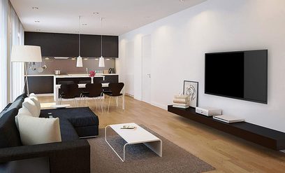 Moderne stue med sort sofa, hvidt sofabord, fladskærms-tv på sort vægbeslag og hvid reolhylde på væggen