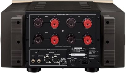 Integreret hi-fi stereo forstærker Accuphase A-80, bagsidevisning, røde og sorte stik, RCA- og XLR-indgange, AC-stik