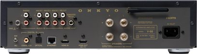 Sort Onkyo Y-50 hi-fi stereo-forstærker set bagfra med højttalerterminaler, RCA-indgange, optisk, koaksial, HDMI og Ethernet