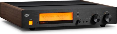 Preamplificador phono Mofi Electronics MasterPhono nogal, frontal negro con vúmetro naranja y laterales de madera
