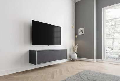 Væghængt audio-video-møbel Clic TV Series Model TV77" 20S, antracitgrå, træ, stoflåge, trekvartsvinkel visning