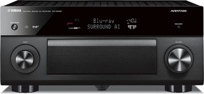 Ampli home-cinéma Yamaha RX-A2080 noir, vue de face, affichage bleu, boutons et molettes argentés, 2 boutons de volume