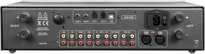Integrert stereo hi-fi-forsterker IN300 Evolution svart, bakside, RCA-, XLR-, koaksiale-, optiske- og USB-tilkoblinger, høyttalerterminaler
