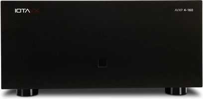 IOTAVX AVXP 4-160 daugiakanalis galios stiprintuvas, juodas, minimalistinis priekinis skydelis su mažu centriniu kvadratiniu mygtuku, vaizdas iš priekio