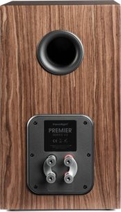 Diffusore da scaffale Paradigm Premier 220B v2 noce, vista posteriore con condotto circolare e doppio morsettiera nero