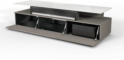 Nízký TV stolek v šedé cappuccino barvě Just By Spectral JRM1650-CU, 3 otevřené přihrádky, bílá horní deska, pohled zepředu