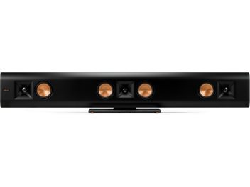 Väggmonterad högtalare Klipsch RP-440D SB i svart soundbar-format med fyra kopparfärgade högtalare sedd framifrån