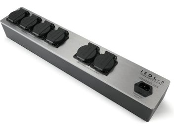 Multiprise Isol-8 PowerLine Ultra 6 siyah, 6 priz, her priz için anahtar, üstten görünüm, uzunlamasına