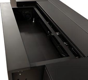 Mueble negro para proyector de ultra corta distancia de tiro con gran compartimento superior abierto y elementos de ventilación internos