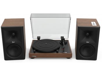 Gramofon Thorens v ořechovém provedení s průhledným krytem a dvěma černými reproduktory Klipsch