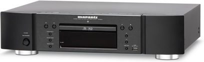Marantz UD7007 4K Blu-ray-afspiller set forfra i sort, børstet aluminiumsfront, display, diskskuffe, betjeningstaster