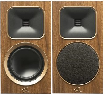 Diffusore da libreria MartinLogan Foundation B1 in noce, altoparlanti neri con bordi dorati, coppia stereo