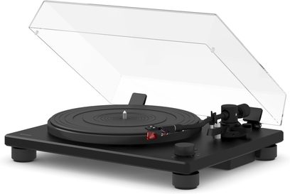 Sonoro Platinum EAS Hi-Fi Turntable, automatic, matte black with a raised transparent cover, circular platter, tonearm with red cartridge, rotary knob, and cylindrical feet.