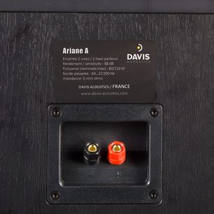 Bagside af Davis Acoustics Ariane A højtaler i sort træ, med rød/sort etiket og indbyggede terminaler, tæt på