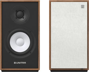 Par højtalere Unitra ZGB-401, valnødsramme, sort frontpanel, hvid woofer og tweeter til venstre, lin-grill til højre, forfra set