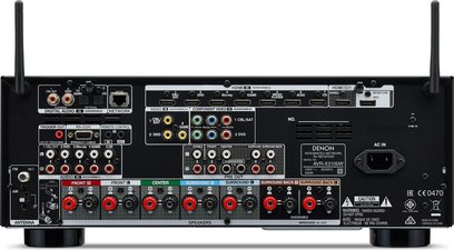 Denon AVR-X3100W sort hjemmebiografsforstærker, bagside, frontvisning, audio/video-tilslutninger, antenne, strømstik