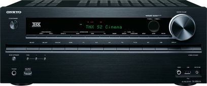 Onkyo TX-NR616 schwarzer Heimkino-Verstärker, Frontblende mit grünem Display, Tasten, Anschlüssen, USB-Anschluss, Frontansicht