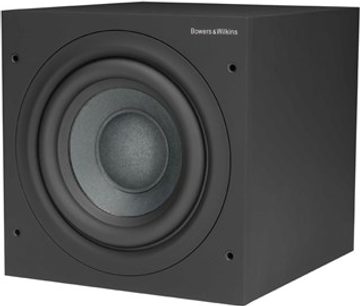 Sort Bowers & Wilkins subwoofer, set forfra, cylinderformet med cirkulær centralhøjttaler