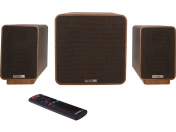 Paket zvočnikov 2.1 Enova HIFI VELA 2.1 8A z 2 pravokotnima satelitoma in 1 osrednjim kubičnim nizkotoncem, lesena obdelava, črni daljinski upravljalnik