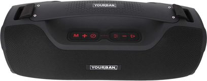 Bluetooth-højttaler Yourban Getone 70 sort, set ovenfra, røde knapper, tekstureret overflade, synligt Yourban-logo