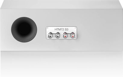 Bowers & Wilkins HTM72 S3 middenluidspreker in satijnwit, vooraanzicht met ronde luidspreker en 4 aansluitingen aan de achterkant