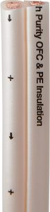 Norstone Cable Premium PR250 speaker cable, close-up vertical view, beige sheath, copper conductors, black markings
