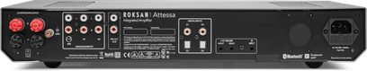 Amplificatore hi-fi stereo integrato Roksan Attessa, frontale argentato con pulsanti, prese e display, vista frontale