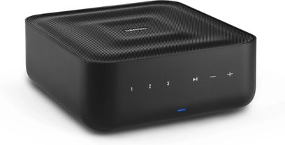 Ampli hi-fi стерео Denon Home Amp, вид з три чверті, чорний корпус, сенсорні кнопки з номерами 1–3, кнопки відтворення та гучності