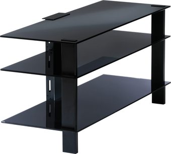 Sort TV-møbel med 3 sorte glashylder, struktur og ben i mat sort metal
