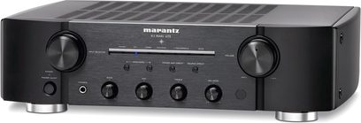 Marantz PM-KI Pearl Lite sort hi-fi stereoforstærker set forfra, børstet aluminiumsfront, knapper og tilslutninger