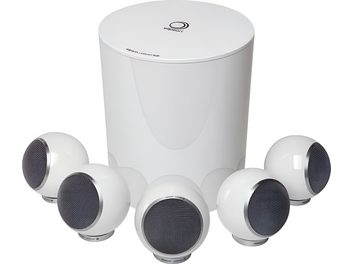 Комплект компактних акустичних систем Elipson PACK 5.1 PLANET M білого лакованого кольору: 5 сферичних білих колонок і 1 циліндричний білий сабвуфер