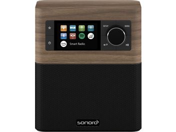 Radio da tavolo Sonoro Stream in noce e nero, forma rettangolare, schermo touch, manopola del volume, pannello frontale in legno e tessuto
