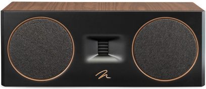 Hlavní reproduktor MartinLogan Motion C10 v ořechovém provedení s dvěma černými kruhovými mřížkami a centrálním obdélníkovým výškovým reproduktorem