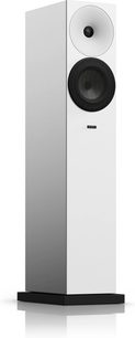 Amphion Argon 3LS sort og hvid gulvhøjttaler, set forfra, sorte højttalere på hvid kabinet, sort base