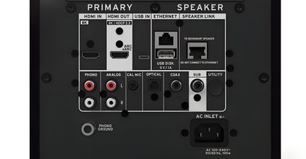Rückseitige Anschlüsse des primären Lautsprechers mit HDMI-ARC-, USB-, Ethernet-, Phono-, optischen und Subwoofer-Anschlüssen