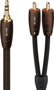 Analoginis garso kabelis Audioquest Big Sur su 3,5 mm jack į dvigubą RCA jungtį, juoda ir ruda pinta apvalkalė, paauksuoti jungtys