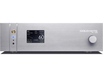 Préampli phono Gold Note PH-1000 argent face avant avec écran numérique, bouton circulaire et LED bleue sur finition argentée