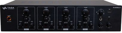 Taga Harmony TA-600MULTI stereo hi-fi -vahvistin, etunäkymä, 4 ohjausaluetta, äänenvoimakkuuden, diskantin ja basson säätönupit, USB- ja MP3-liitännät