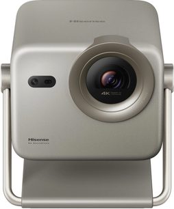 Βιντεοπροβολέας Hisense M2 PRO μεταλλικό γκρι από αλουμίνιο, ορθογώνιο περίβλημα με στρογγυλεμένες γωνίες, μεγάλο κυκλικό φακό 4K εκτός κέντρου δεξιά, μικρό αισθητήρα αριστερά και σωληνωτό πλαίσιο-βάση, όψη από μπροστά