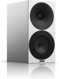 Caixa acústica de estante Amphion Argon 3S, vista frontal, gabinete branco e alto-falante preto, formato retangular arredondado