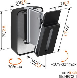 Vogel's SOUND 5201 sort højttaler-fod, eksploderet visning med mål i mm/tommer, rotation +30°/-30° maks., hældning 70°/2,8 maks.
